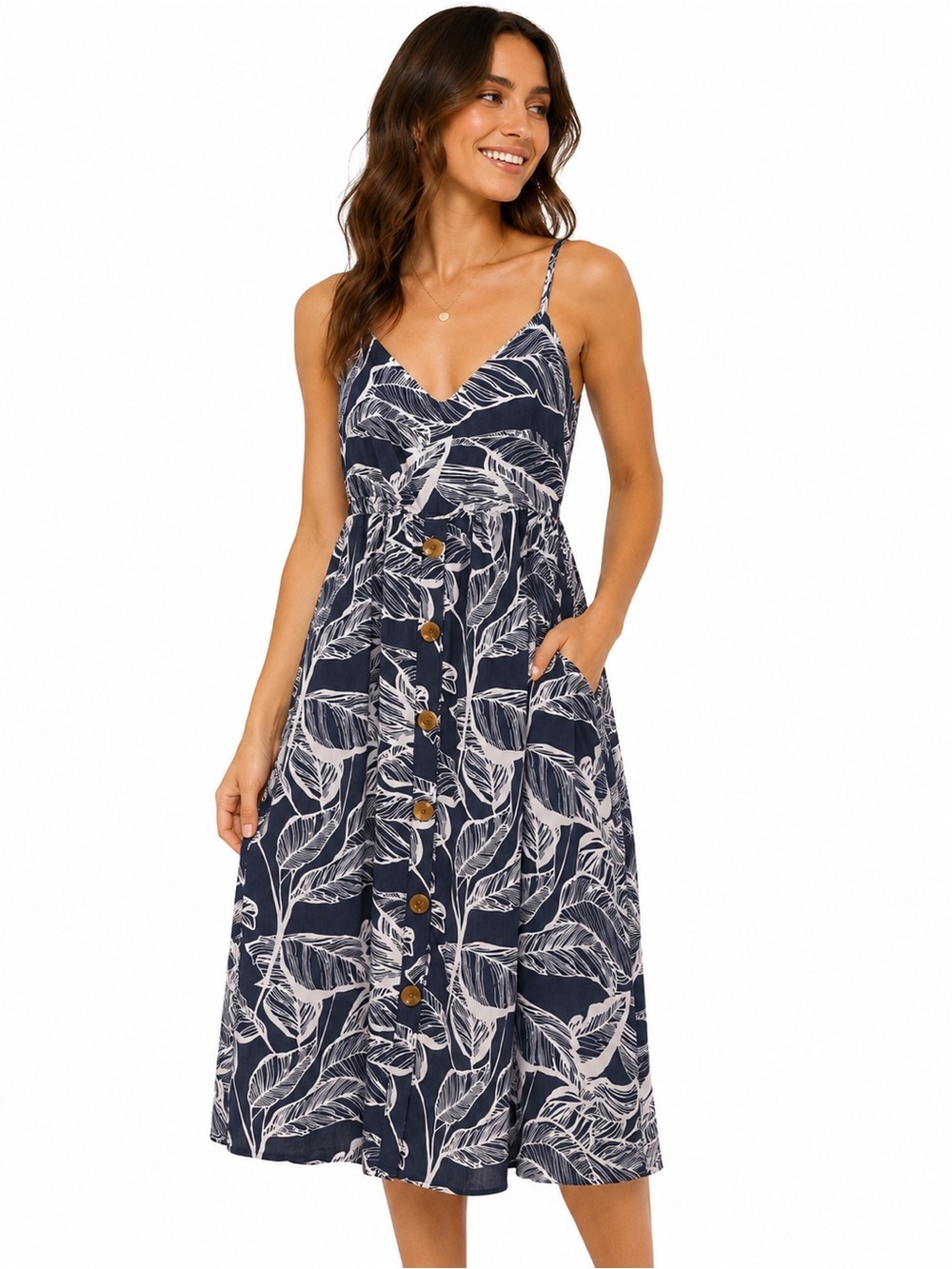 Millibon USA Tropical Leaf Print Sundress Blue White Button Front M Boho Summer